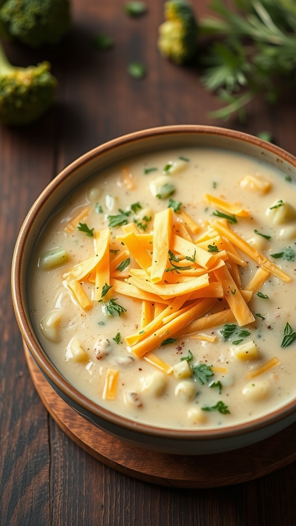 A bowl of creamy broccoli cheddar soup topped with shredded cheese and herbs.