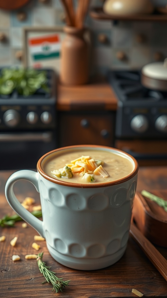 A cozy mug of broccoli cheddar soup topped with shredded cheese.