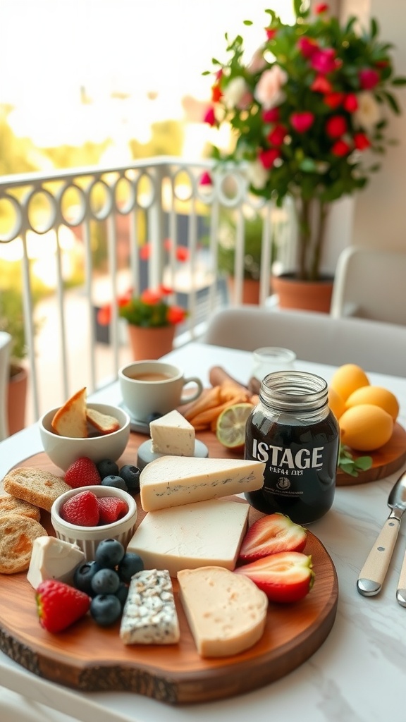 A beautifully arranged cheese board featuring various cheeses, fruits, and a jar of jam on a balcony table.