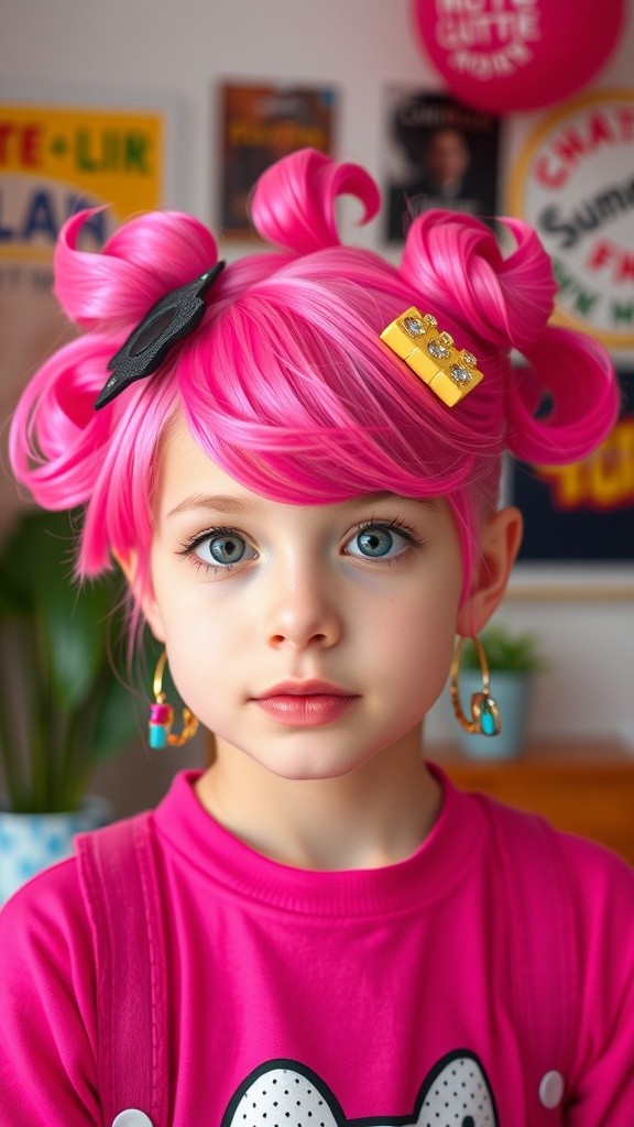 A young girl with bubblegum pink hair styled in playful loops, wearing a pink shirt and colorful accessories.