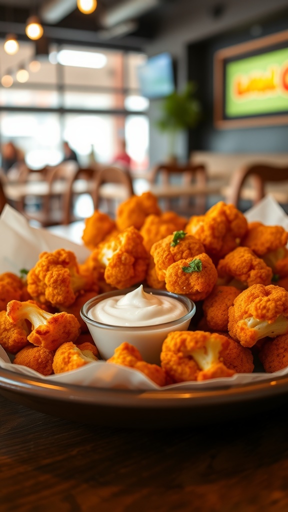A plate of spicy buffalo cauliflower bites with a creamy dipping sauce.