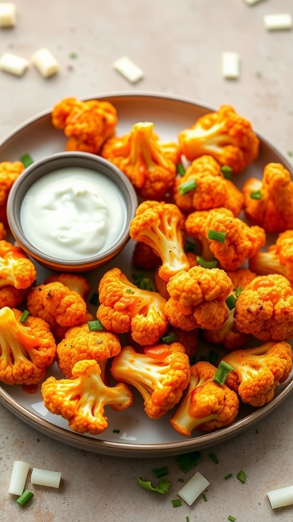 Delicious buffalo cauliflower bites served with a creamy dip