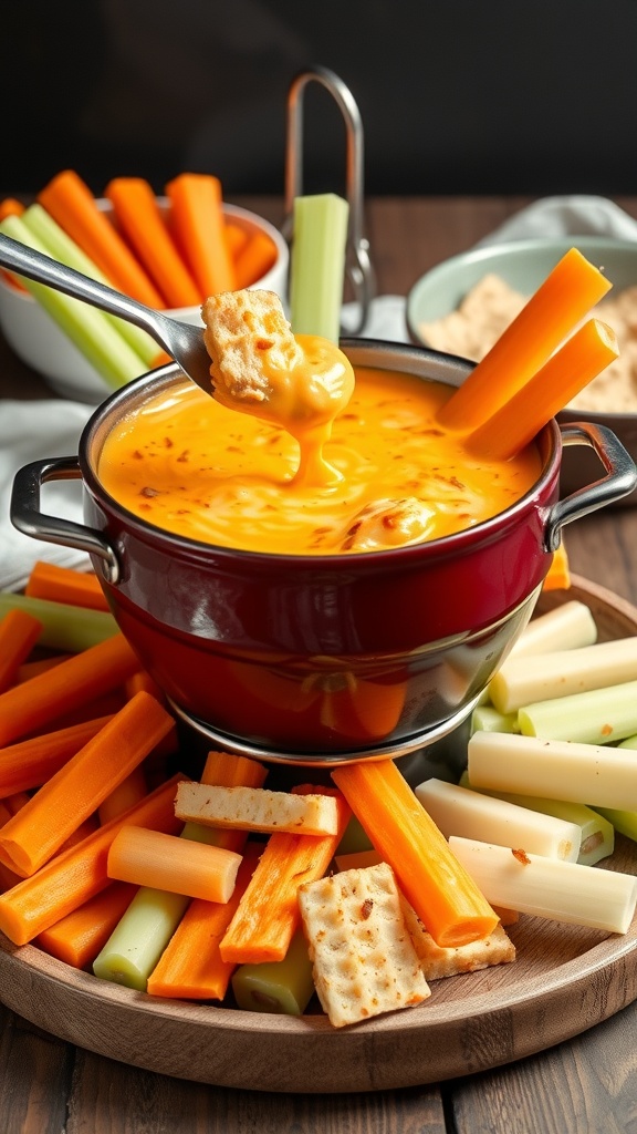 A delicious buffalo chicken cheese fondue surrounded by fresh vegetables and crackers.