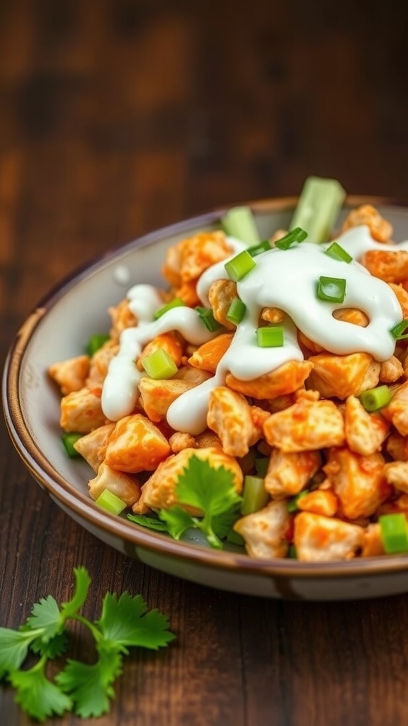 A bowl of buffalo chicken salad topped with ranch dressing and garnished with green onions and cilantro