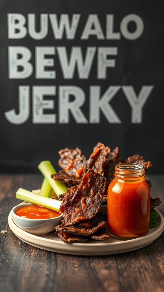 Buffalo Style Beef Jerky on a plate with celery and sauce.