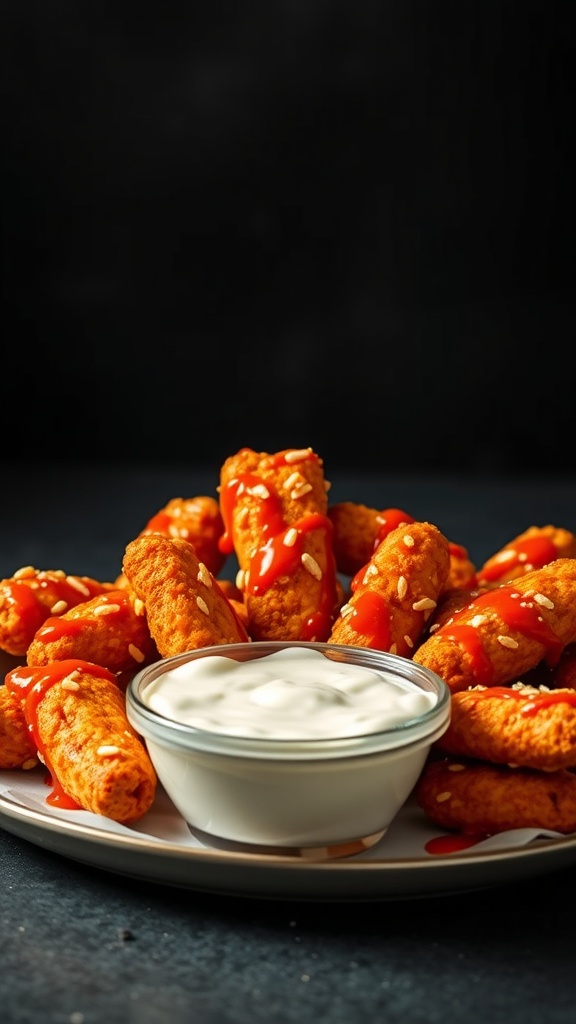 Plate of buffalo style cheese sticks with dipping sauce