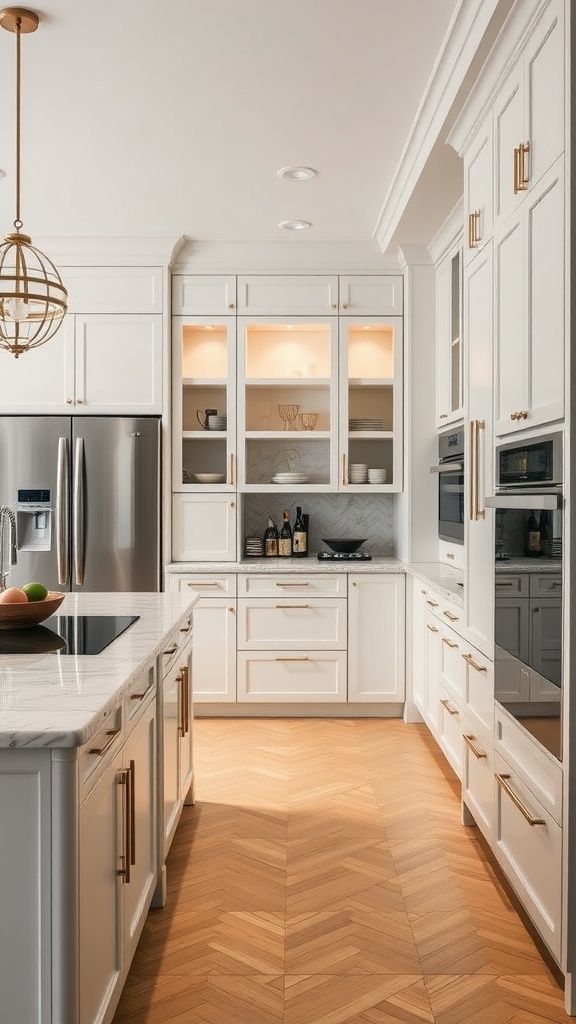 A modern kitchen featuring built-in cabinetry, showcasing organized shelves and a sleek design.