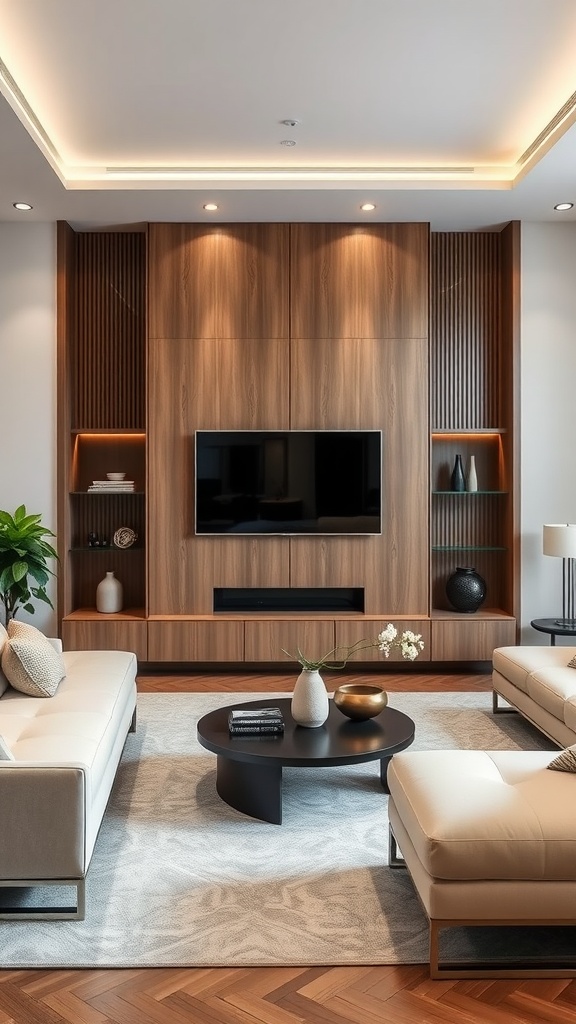 Modern living room with a built-in wall unit for the TV, featuring elegant lighting and stylish furniture.