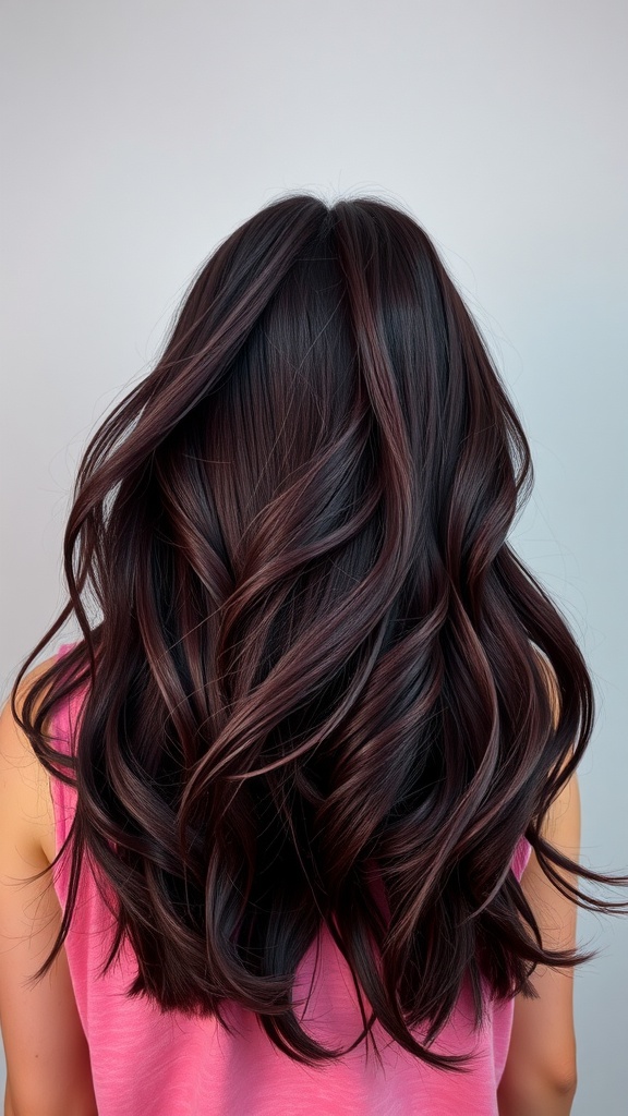 A view of long, wavy hair colored burgundy black, showcasing rich tones and waves.