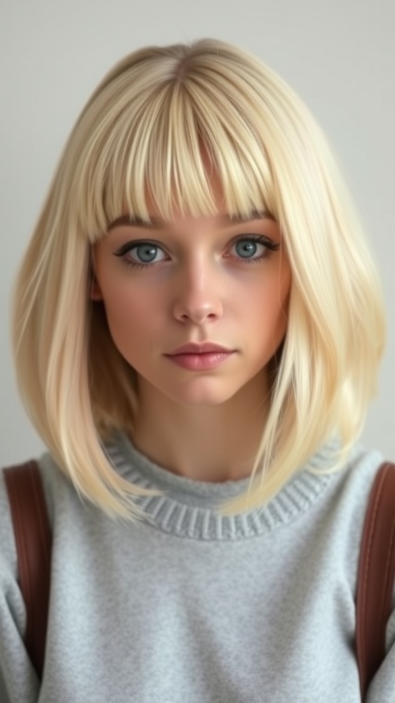 A young woman with buttercream blonde hair and bangs, wearing a grey sweater.