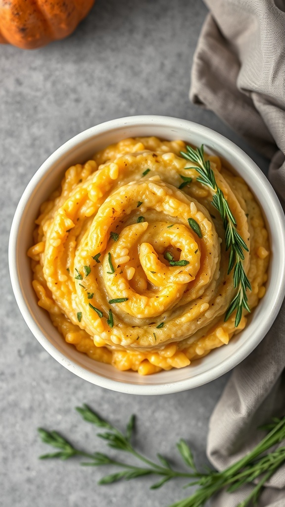 A bowl of creamy butternut squash risotto topped with herbs.