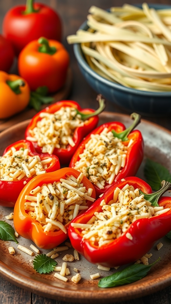 Cabbage and cheese stuffed peppers ready to be baked.