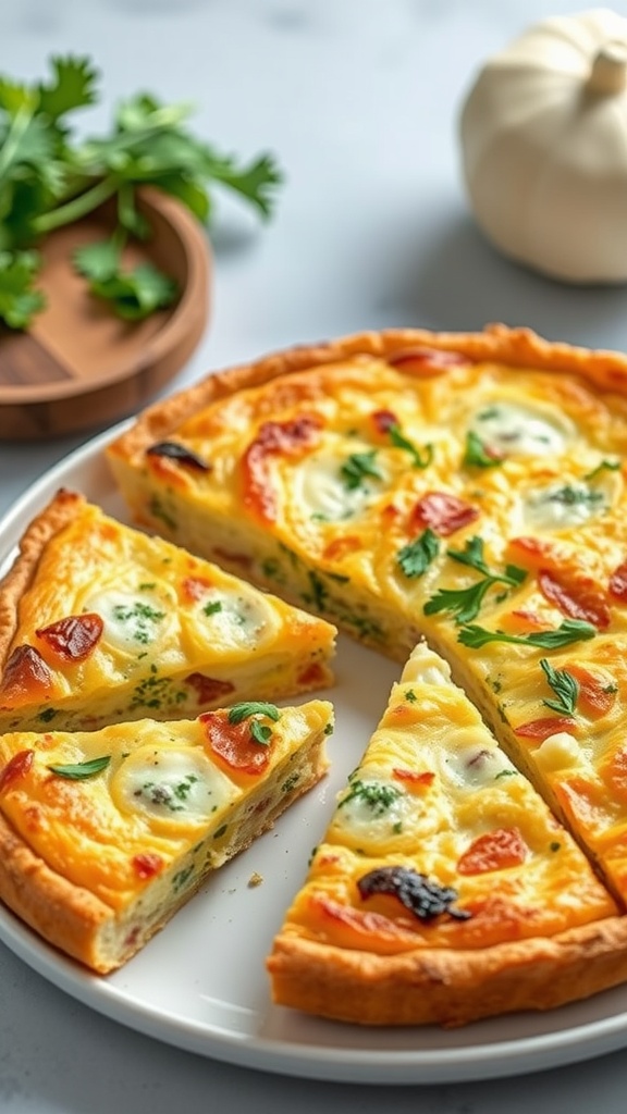 A slice of cabbage and egg frittata casserole on a white plate, garnished with fresh herbs.