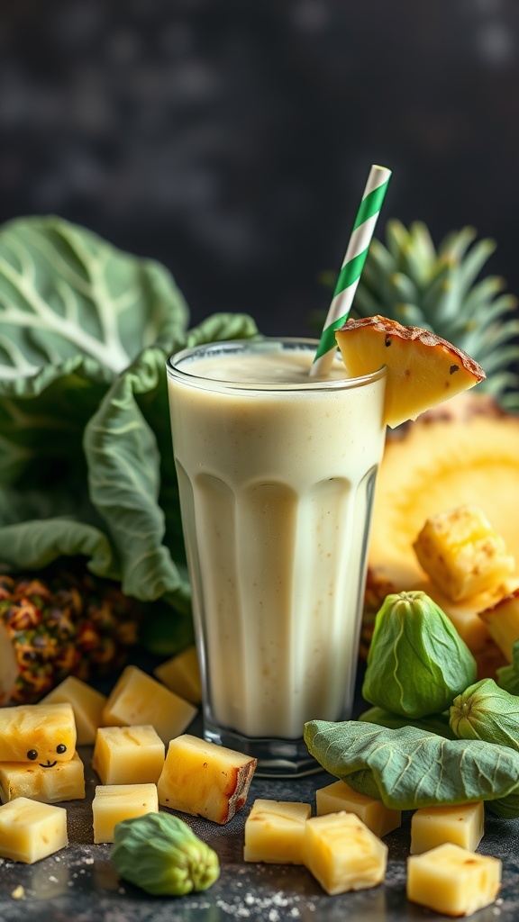 A refreshing cabbage and pineapple detox smoothie in a glass with a straw