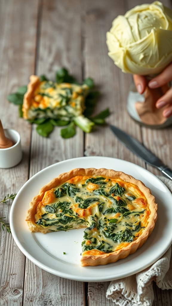 A delicious slice of cabbage and spinach quiche bake on a white plate.