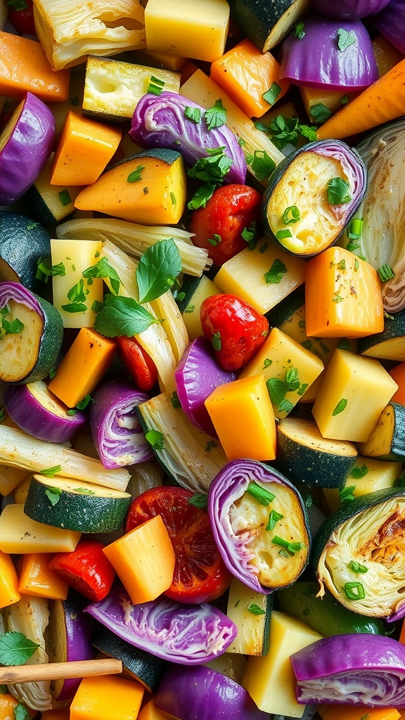 Colorful mix of chopped cabbage, zucchini, and bell peppers with herbs.