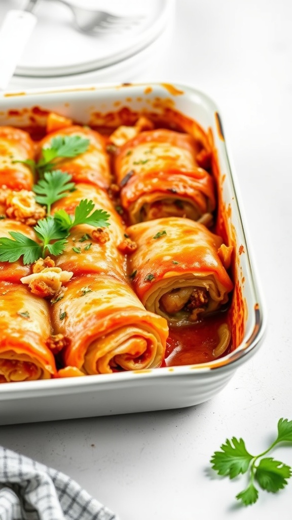 A delicious cabbage roll casserole with tomato sauce and herbs, served in a baking dish.