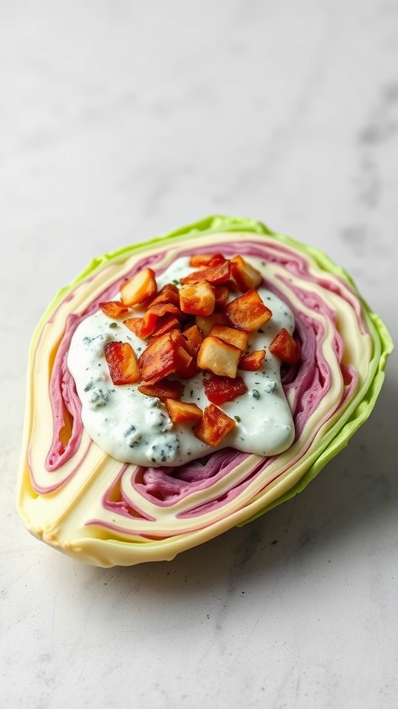 A plate of Cabbage Wedge Salad topped with blue cheese dressing and crispy bacon.