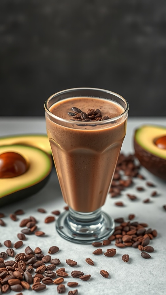 A smoothie made with cacao and avocado, topped with coffee beans, served in a glass with avocado halves and coffee beans scattered around.
