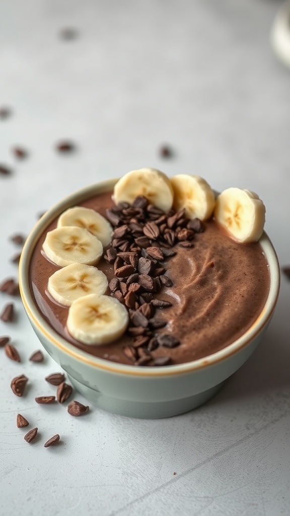 A creamy cacao and banana smoothie topped with banana slices and chocolate chips.