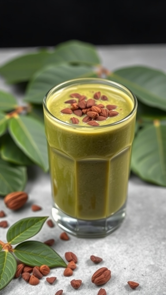 A green smoothie with cacao and garnished with nuts