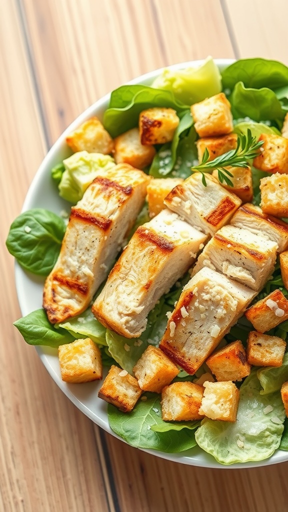 A delicious Caesar salad with grilled chicken, croutons, and greens.