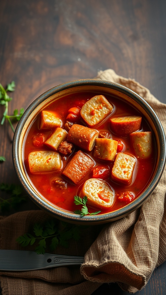 A bowl of Cajun stewed tomatoes with andouille sausage, garnished with parsley.