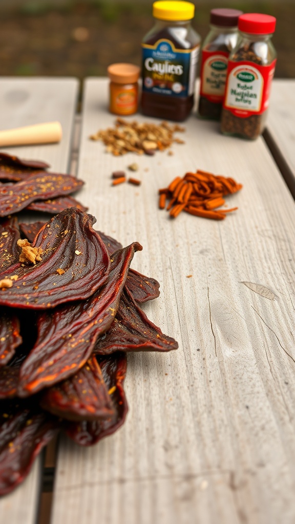 A pile of beef jerky with Cajun spices and condiments