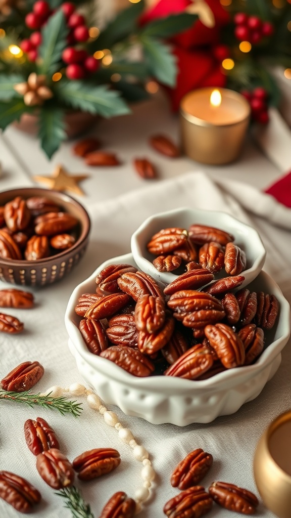 A cozy arrangement of candied pecans in bowls, surrounded by holiday decorations.