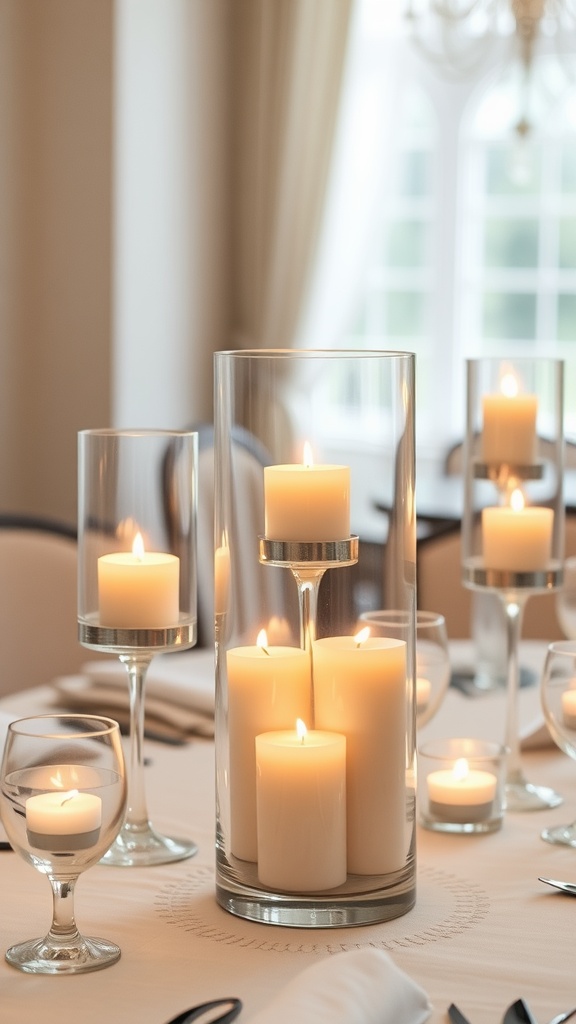 A dining table with candles placed in glass hurricane vases, creating a warm ambiance.