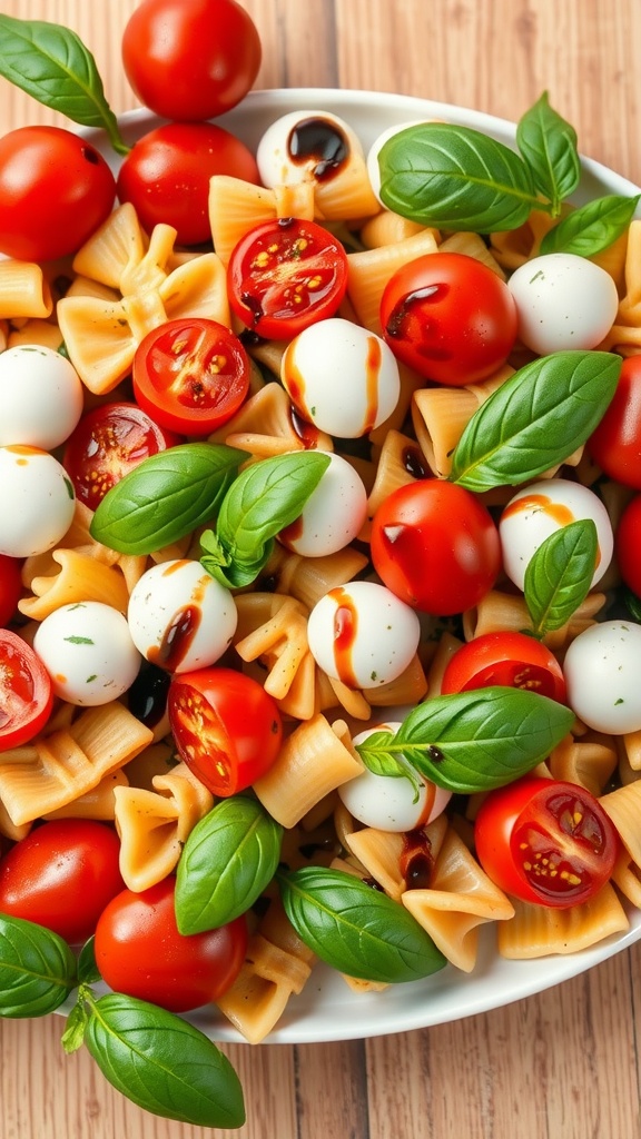 A colorful bowl of Caprese pasta salad with cherry tomatoes, mozzarella balls, and fresh basil.