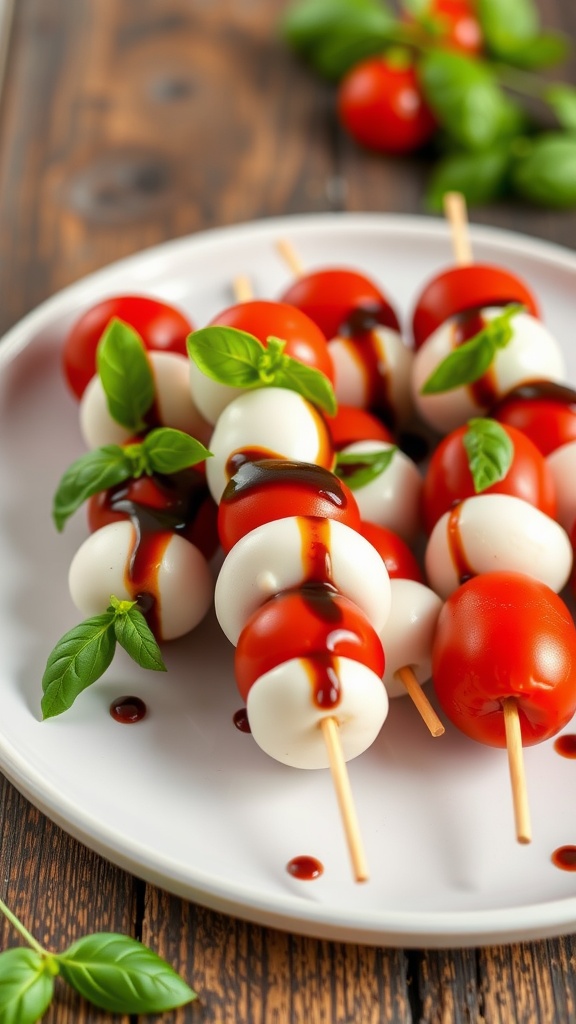 Caprese salad skewers with tomatoes, mozzarella, basil, and balsamic reduction on a plate.