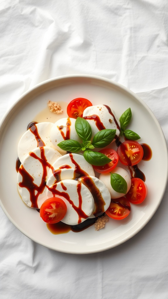 Caprese salad featuring slices of fresh mozzarella, tomatoes, and basil drizzled with balsamic glaze.