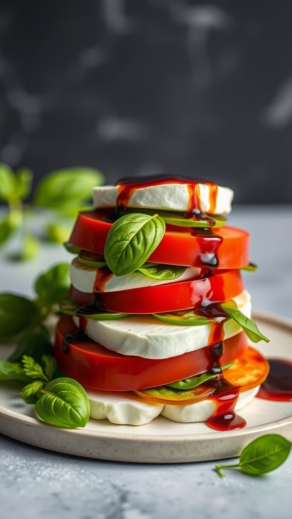 A colorful Caprese salad made with layers of tomato, mozzarella, and fresh basil drizzled with balsamic reduction.