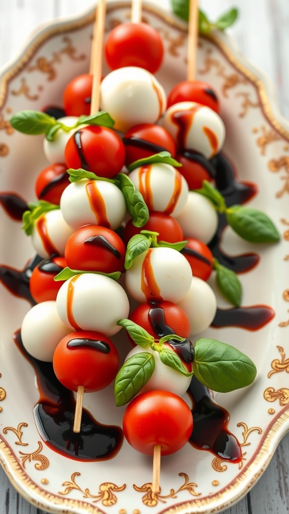 A platter of Caprese skewers featuring cherry tomatoes, mozzarella balls, and fresh basil, drizzled with balsamic glaze.