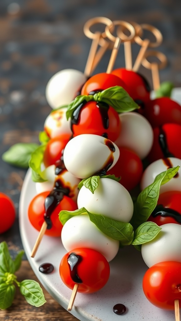 Caprese skewers with mozzarella, cherry tomatoes, and basil on a plate.