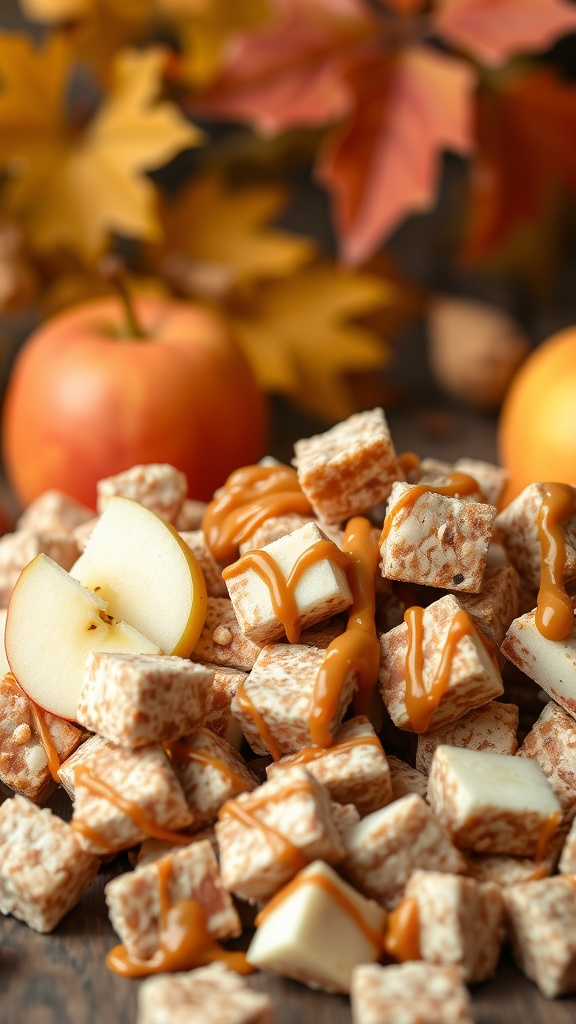 Caramel Apple Muddy Buddies with apples and caramel drizzle