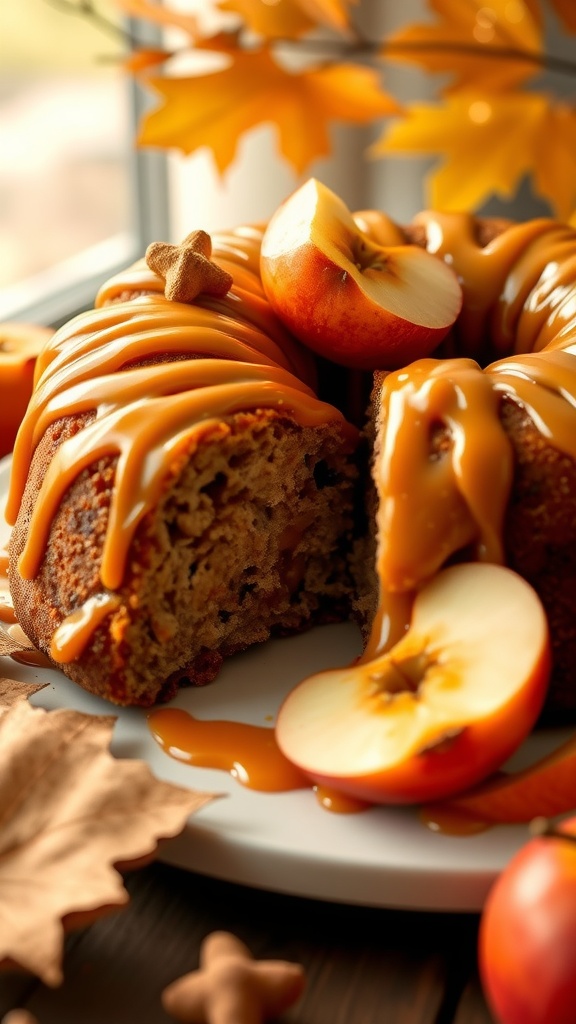 A delicious caramel apple spice cake garnished with apple slices and caramel drizzle, surrounded by autumn leaves.