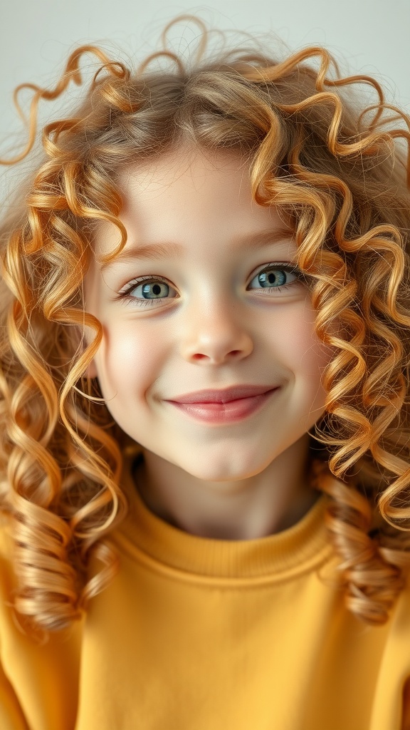 A smiling young girl with caramel blonde curls and blue eyes wearing a yellow sweatshirt.