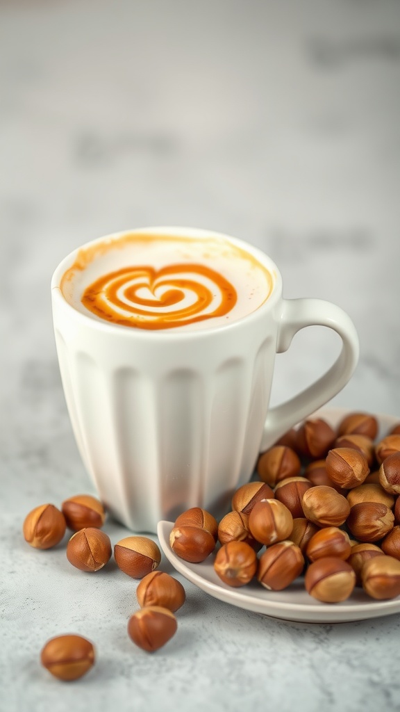 A delicious cup of caramel hazelnut coffee with a decorative swirl on top