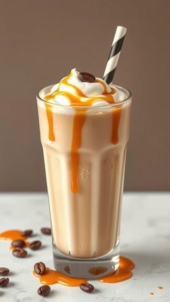 A delicious caramel macchiato protein shake in a tall glass topped with whipped cream and caramel drizzle.