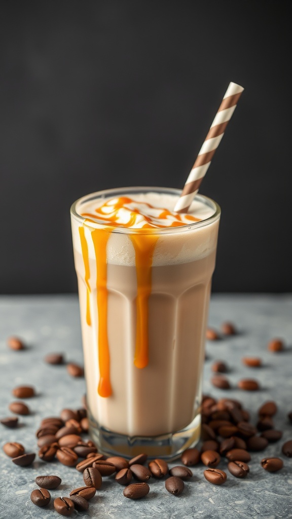 A delicious caramel macchiato protein shake topped with caramel drizzle.
