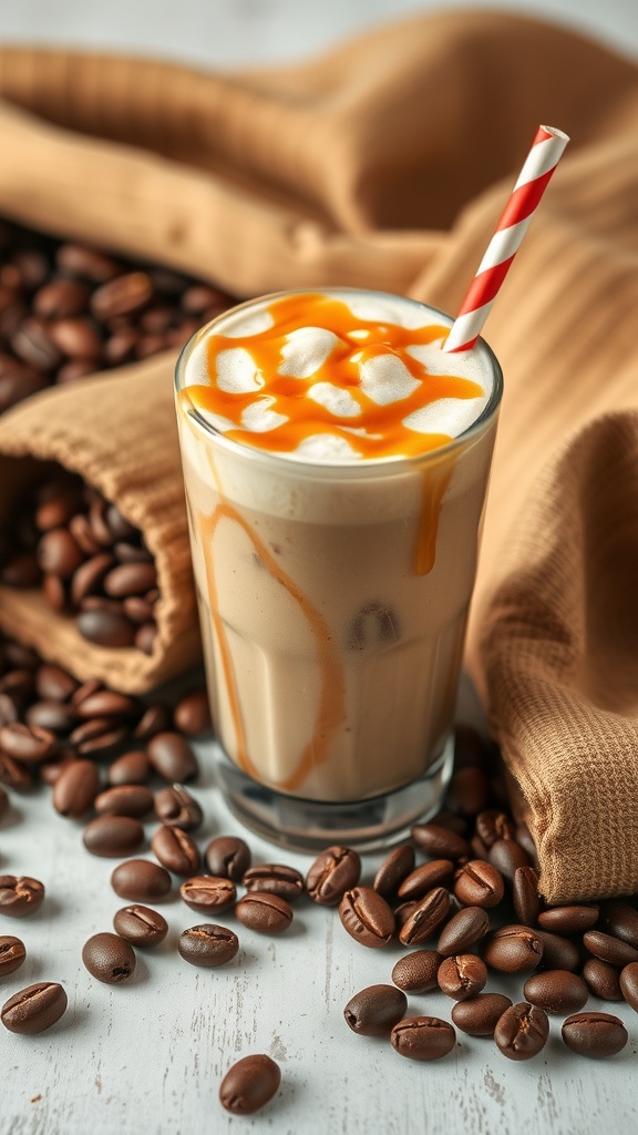A caramel macchiato smoothie in a glass with a straw, topped with whipped cream and caramel drizzle.
