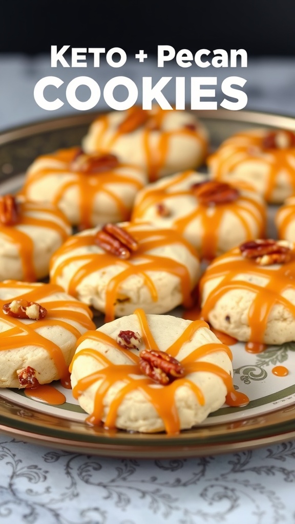 Delicious Caramel Pecan Keto Cream Cheese Cookies drizzled with caramel sauce