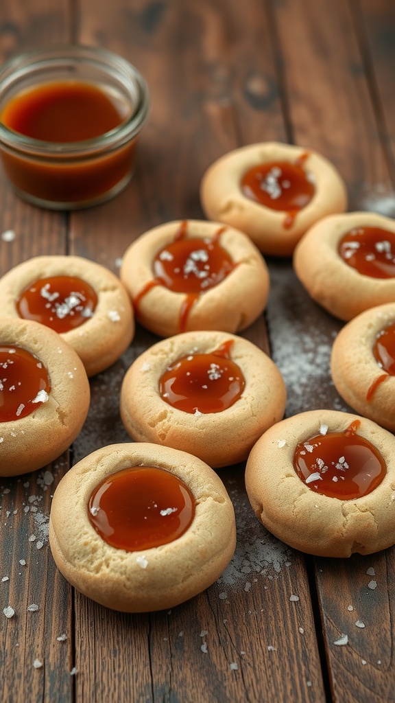 Close-up of caramel thumbprint cookies topped with sea salt.