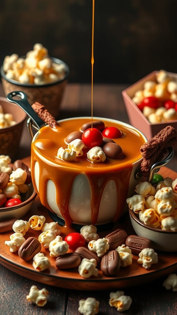 A delicious caramel toffee fondue surrounded by popcorn and colorful candies.