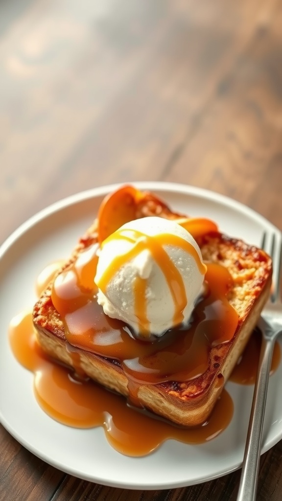Delicious Caramelized Apple French Toast with ice cream and caramel sauce