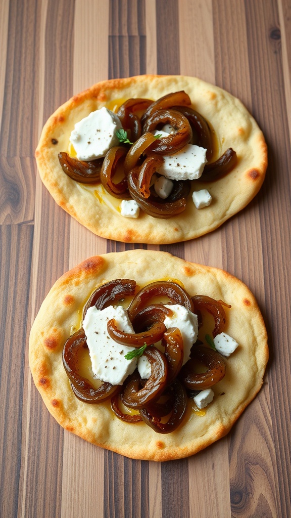Flatbreads topped with caramelized onions and goat cheese