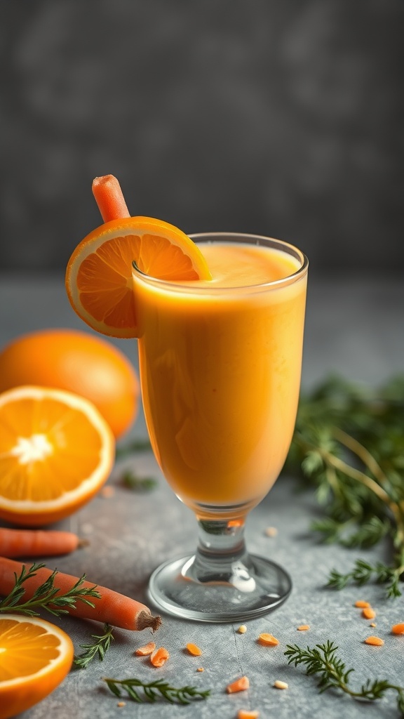 A refreshing carrot and orange smoothie in a glass, garnished with an orange slice and a carrot stick.