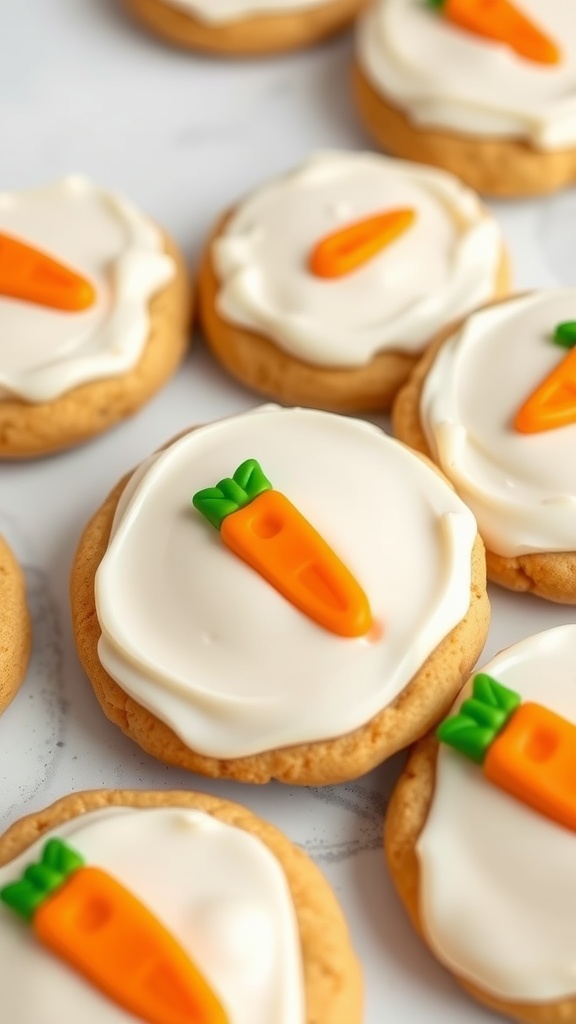 Delicious carrot cake keto cream cheese cookies topped with white frosting and a playful carrot decoration.